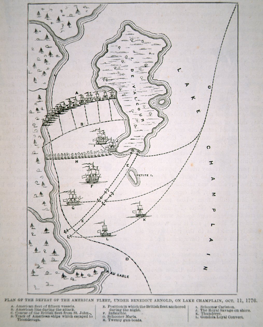 Plano da derrota da frota americana no Lago Champlain (litho) de School English