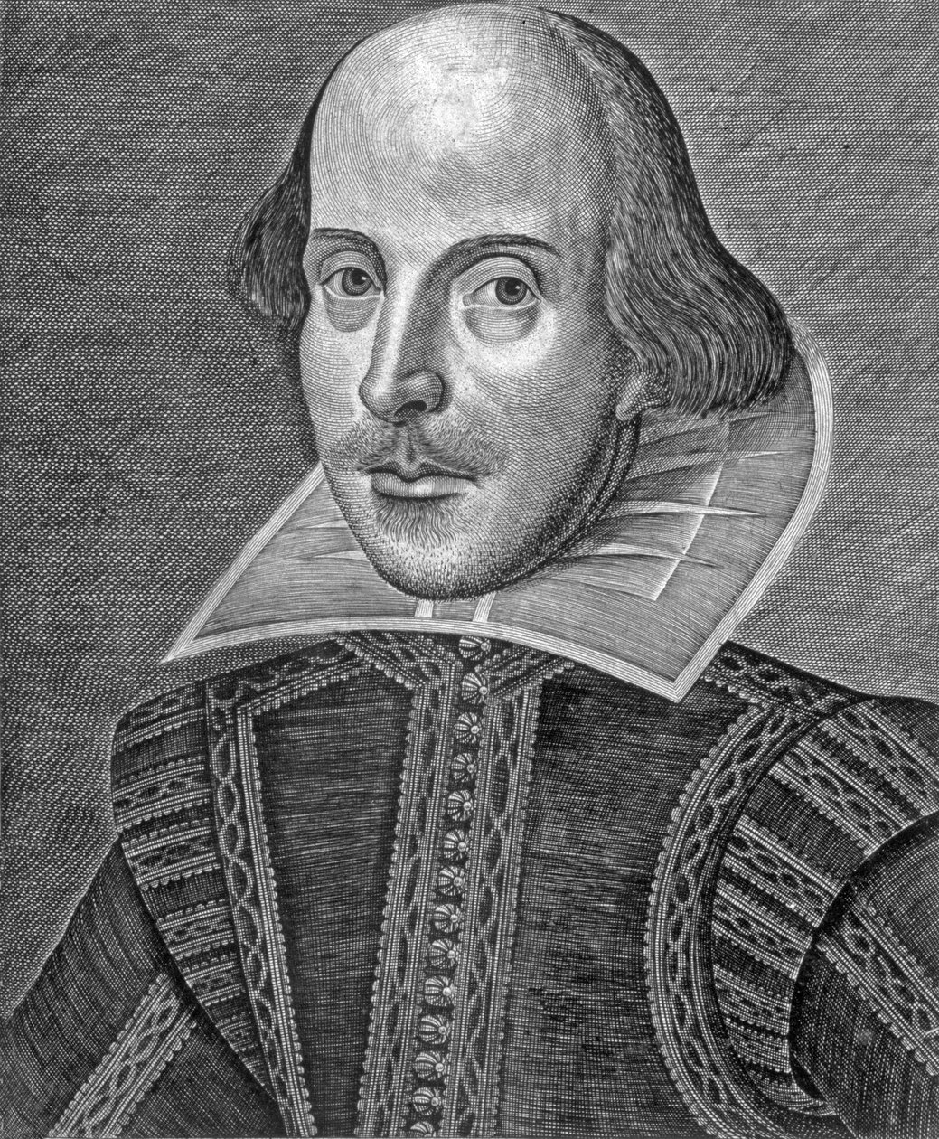 Retrato de William Shakespeare, gravado por Martin Droeshout (c.1560-c.1642) de School English