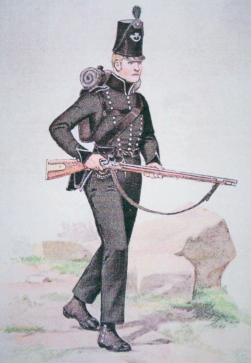Soldado da 95ª Rifles, c.1810, armado com a espingarda Baker, desenhada por Ezekiel Baker de Londres (cor litho) de School English