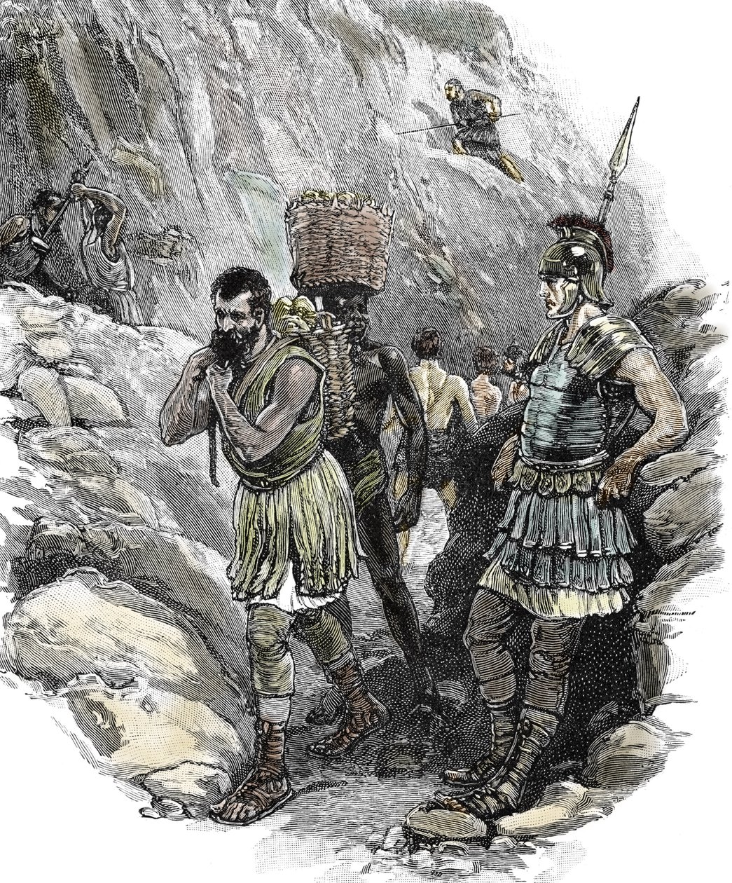 Legionário romano a supervisionar trabalhadores anglo-saxónicos numa mina de estanho, Inglaterra 50 d.C. (impressão) de School English