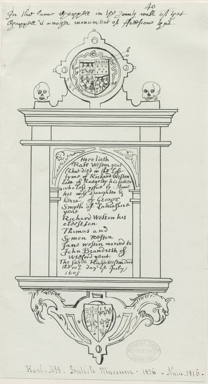 Rugeley Church (Old) - Monumento a Rafe Weston: desenho com caneta e tinta de School English