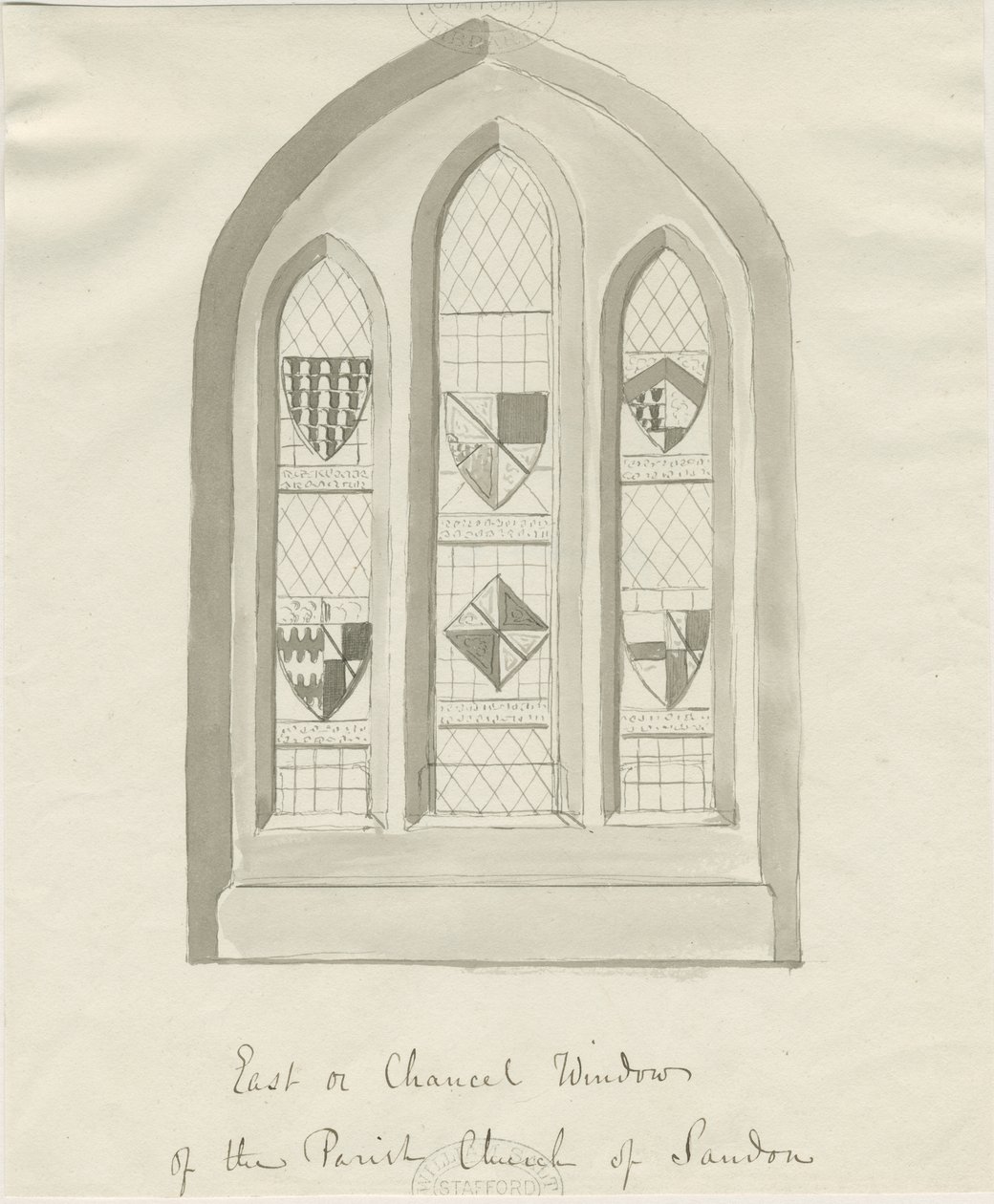 Igreja Sandon - Janela Leste da Chancelaria: desenho de lavagem sépia, nd [?18 cent] (desenho) de School English
