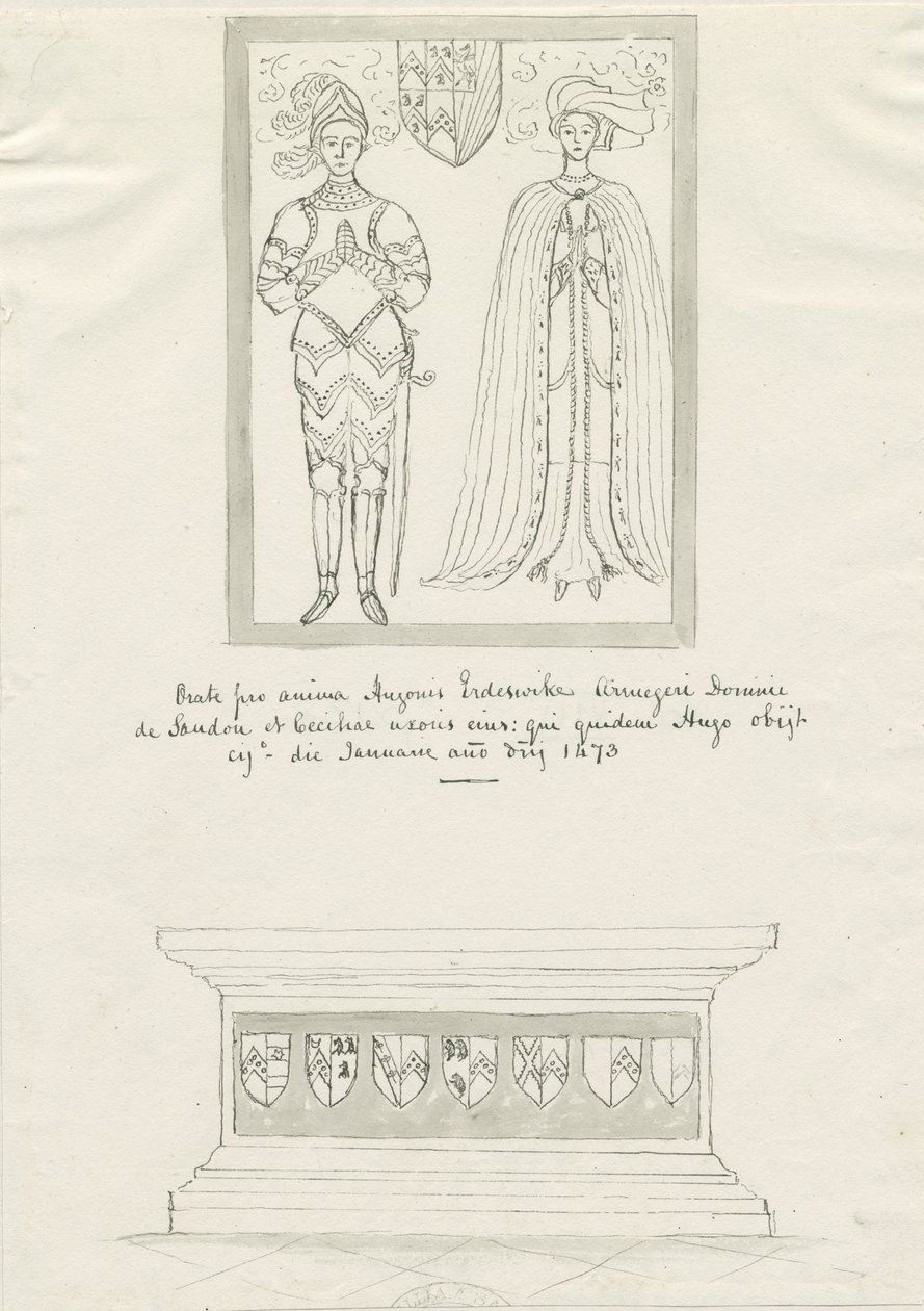 Igreja Sandon - Tumba de Hugh Erdeswicke e Cecilia [Bassett]: desenho a bico de pena, nd [ 18º séc.] (Desenho) de School English