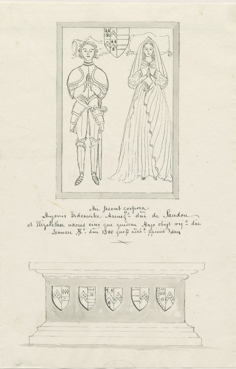 Igreja Sandon - Tumba de Hugh Erdeswicke e Elizabeth [Harcourt]: desenho a lápis e tinta, nd [ de School English