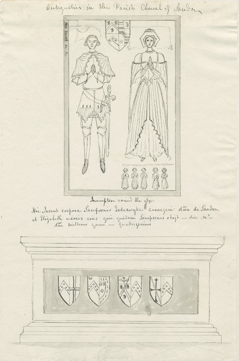 Igreja Sandon - Túmulo de Sampson Erdeswicke e Elizabeth [Grey]: desenho a tinta e caneta, nd [?18 cent] (desenho) de School English