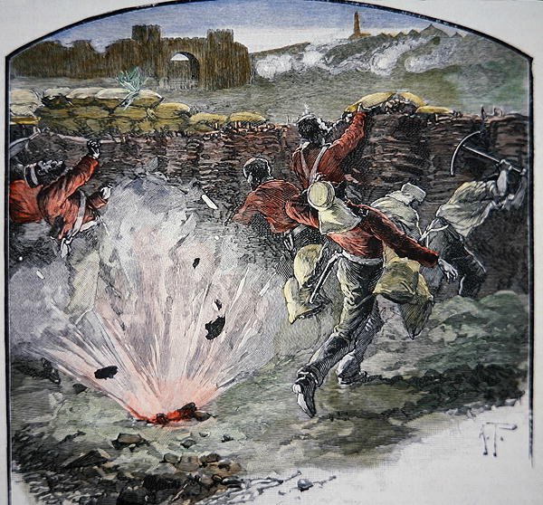 As posições britânicas sob fogo de canhão da cidade durante o Cerco de Deli de School English