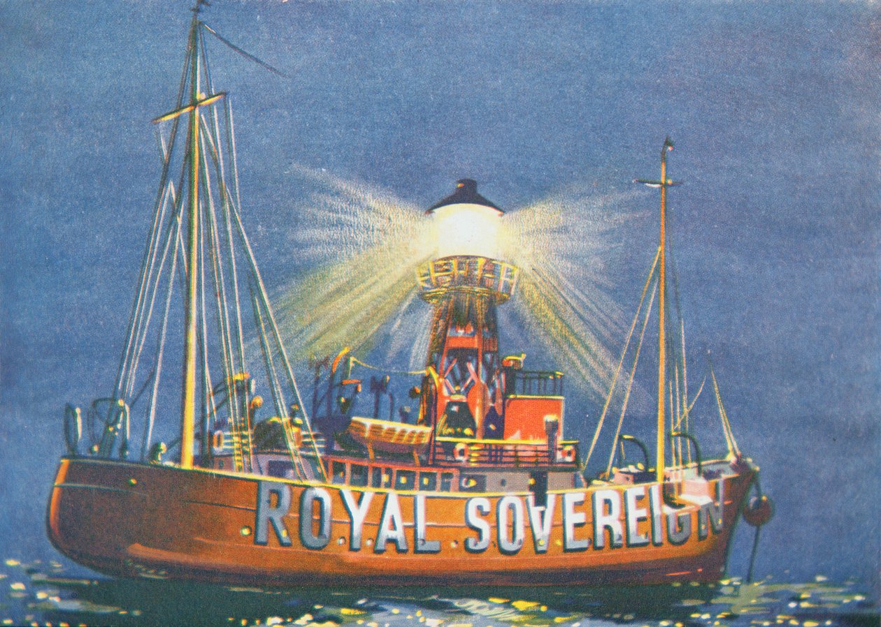 O Royal Sovereign Lightship, estacionado em Beachy Head, Reino Unido (cor litho) de School English