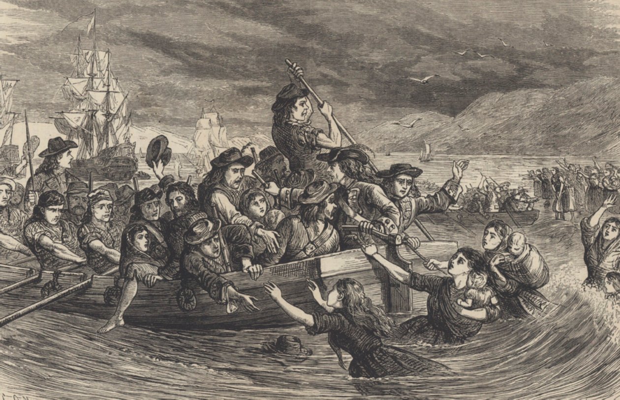 Os gansos selvagens - Soldados irlandeses jacobitas deixam Limerick para a França em 1691 (gravura) de School English