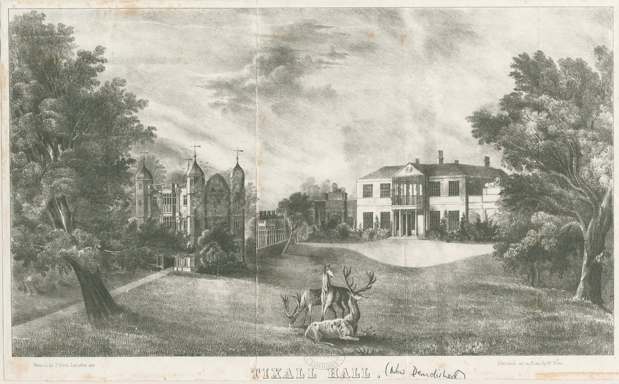 Tixall Hall e Gatehouse: litografia, nd [c 1833] (imprimir) de School English