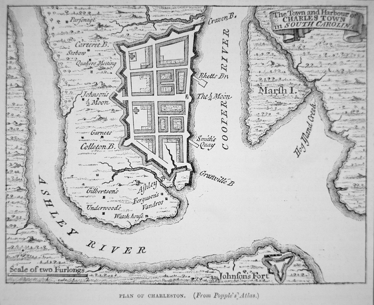Cidade e Porto de Charles Town (Charleston), Carolina do Sul (litografia) de School English