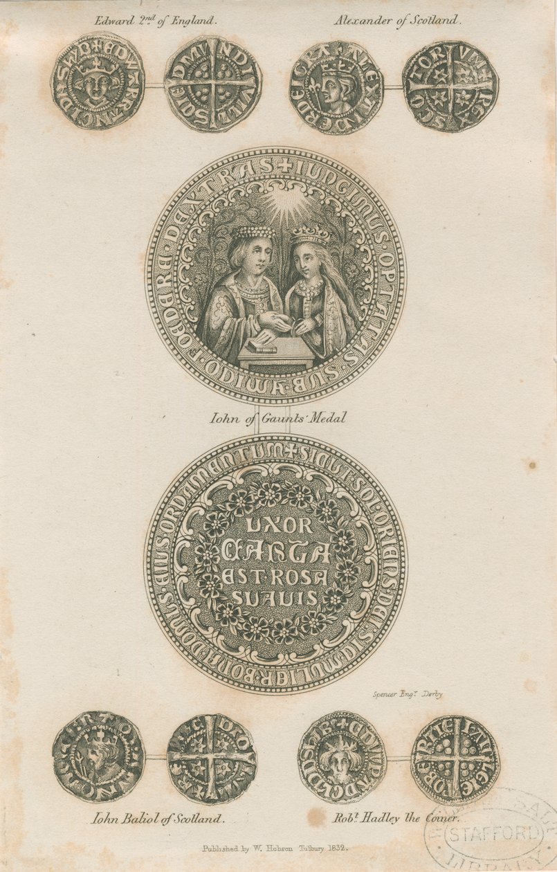 Tutbury - Placa de Moedas Medievais: gravura, nd [c 1832] (imprimir) de School English