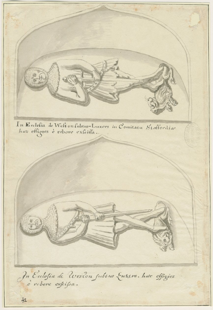 Weston-under-Lizard Church - Efígies de Sir Hugh de Weston e Sir Hamo de Weston: caneta e desenho de lavagem, nd [18 cêntimos] (desenho) de School English