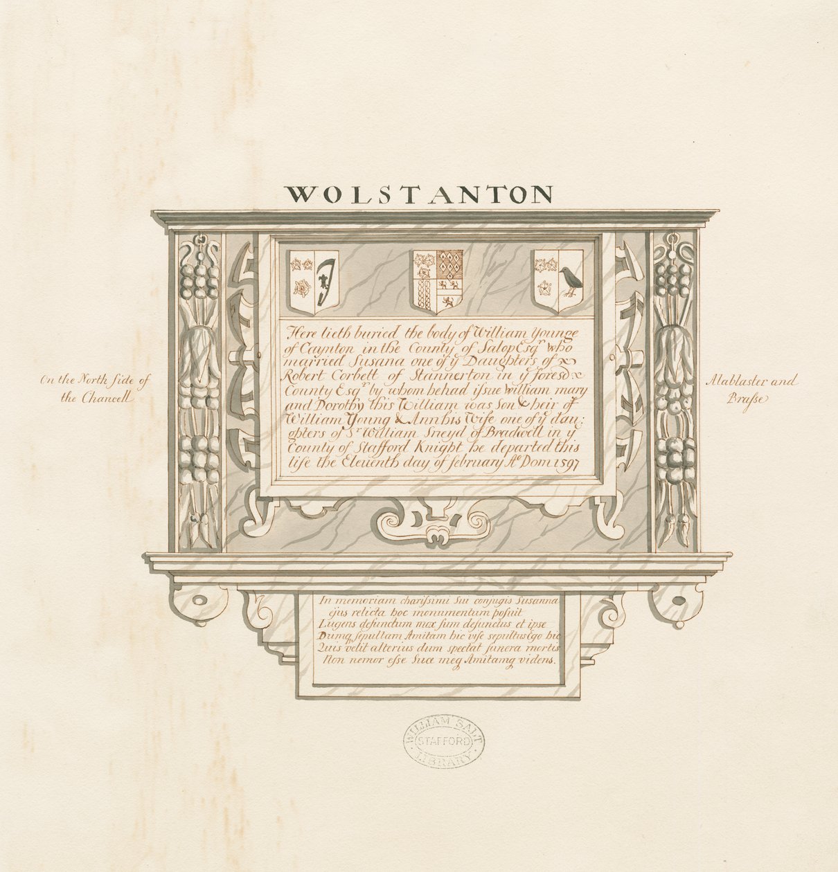 Wolstanton Church - Wall Monument to William Yonge de Caynton: pen and wash drawing, sd [ 19º séc.] (Desenho) de School English