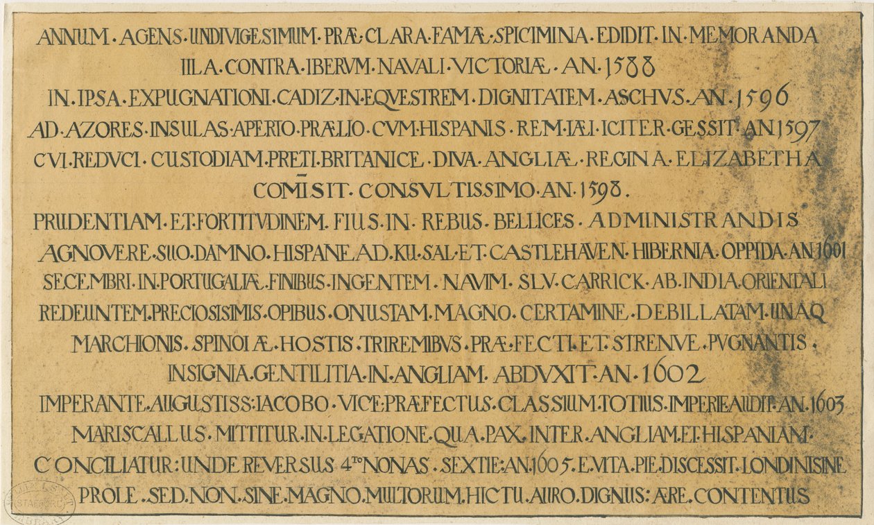 Wolverhampton - Epitáfio latino do Almirante Richard Leveson na Igreja de São Pedro: caneta e desenho a tinta, nd [?19 cent] (desenho) de School English