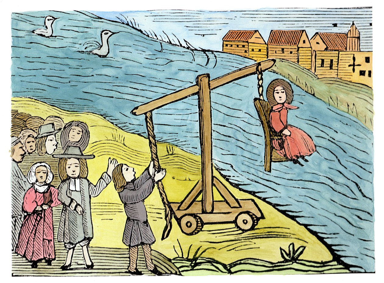 Mulher num banco de pato, Acusada de Bruxaria, ilustração de uma colecção de livros de capítulos sobre esoterica (xilogravura) (coloração posterior) de School English