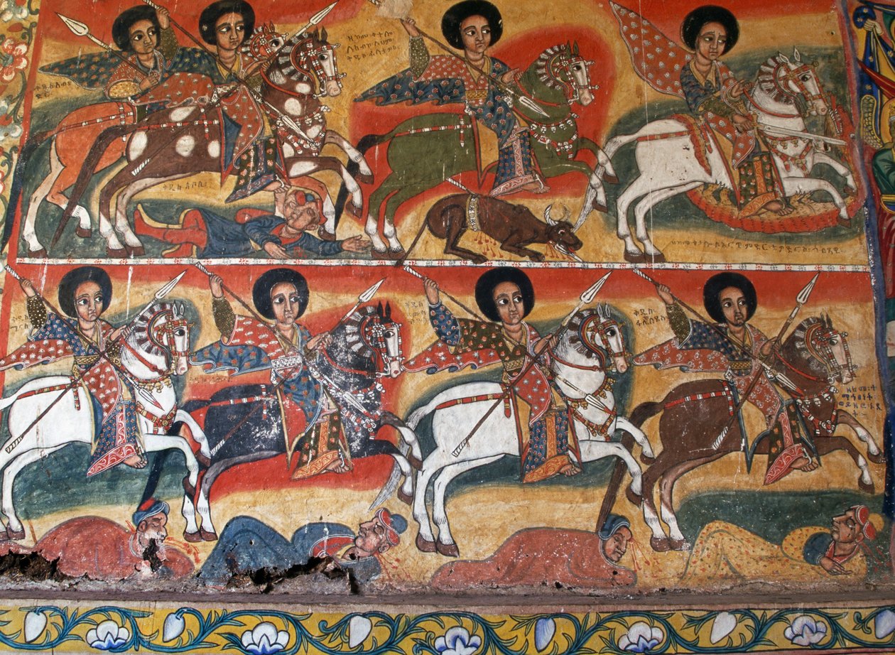 Cavaleiros com lanças, pinturas no Mosteiro Ura Kidane Meret (século 17), Grande Bahar Dar, Península de Zege, Etiópia, Detalhe de School Ethiopian