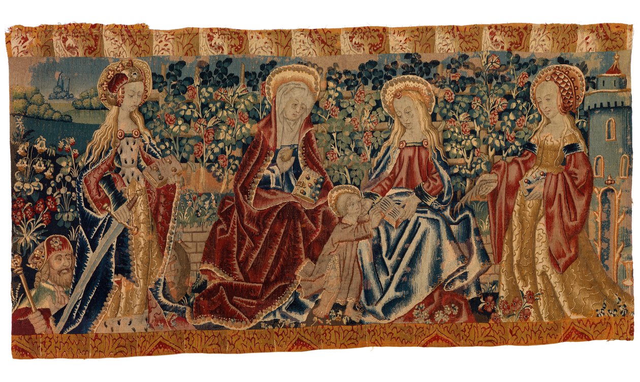 Tapeçaria frontal de altar representando a Virgem com o Menino e Santa Ana assistida por dois santos, finais do século XV a inícios do século XVI (lã e seda) de School European