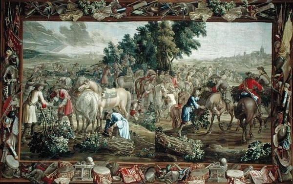 Tapeçaria dupla retratando galhos de colheita fora de uma cidade, oficina de Bruxelas (tapeçaria) de School Flemish