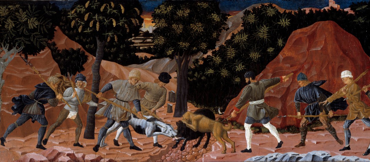 Cena de caça ao javali. Detalhe. Pintura anónima da Escola Florentine. 1450-1460. Toulouse, Musee des Augustins de School Florentine