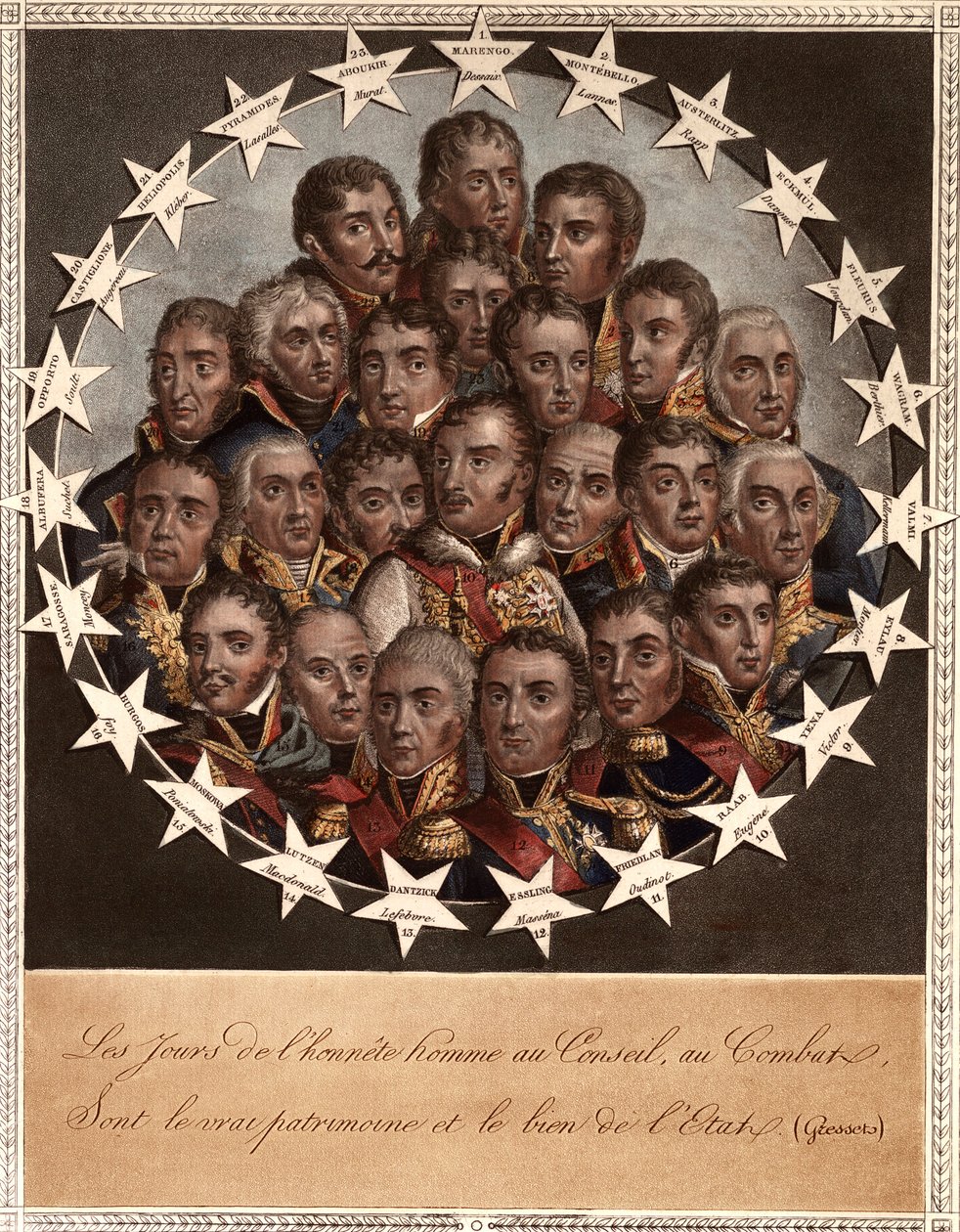 Um Heros by Victory - Os dias de honestidade no Conselho, no Combate - são a verdadeira herança e o bem do Estado. (Gressets) - 1. marengo. dessaix. 2. montebello. lannes. 3. austerlitz. rapp. 4. eckmuel. davoust. 5. florus. jourdan. 6. wagram. berthier. de School French
