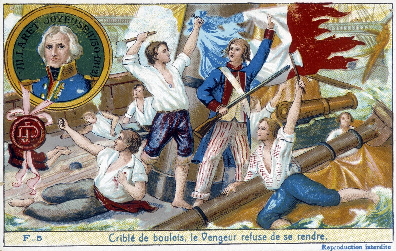 O Almirante Villaret (1750-1812), um representante no medalhão, entregou a batalha naval de Ouessant aos ingleses Howe em 1794. de School French