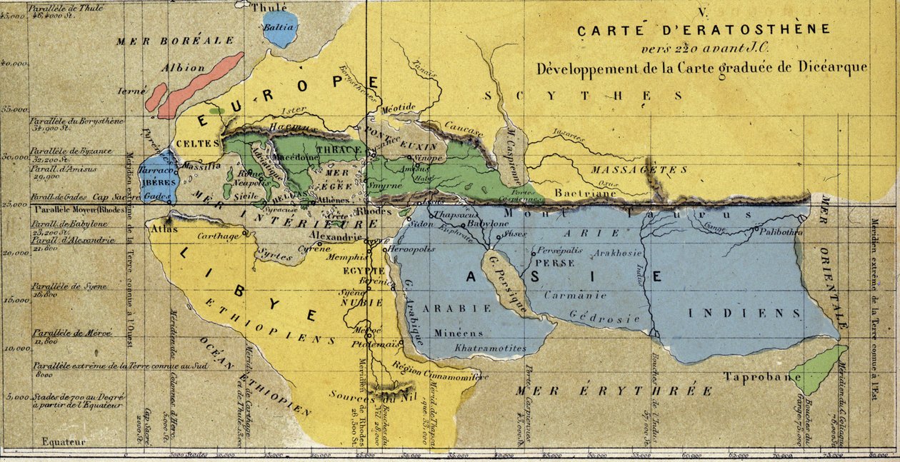 Mapa de Eratóstenes, astrónomo grego, geógrafo do século III AC. 220 AC de School French