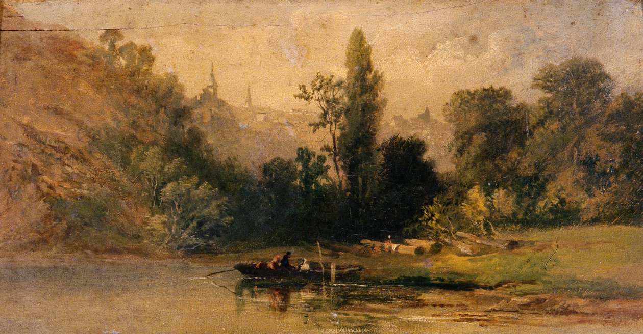 Dinan from the River, c.1800 (óleo sobre tábua) de School French