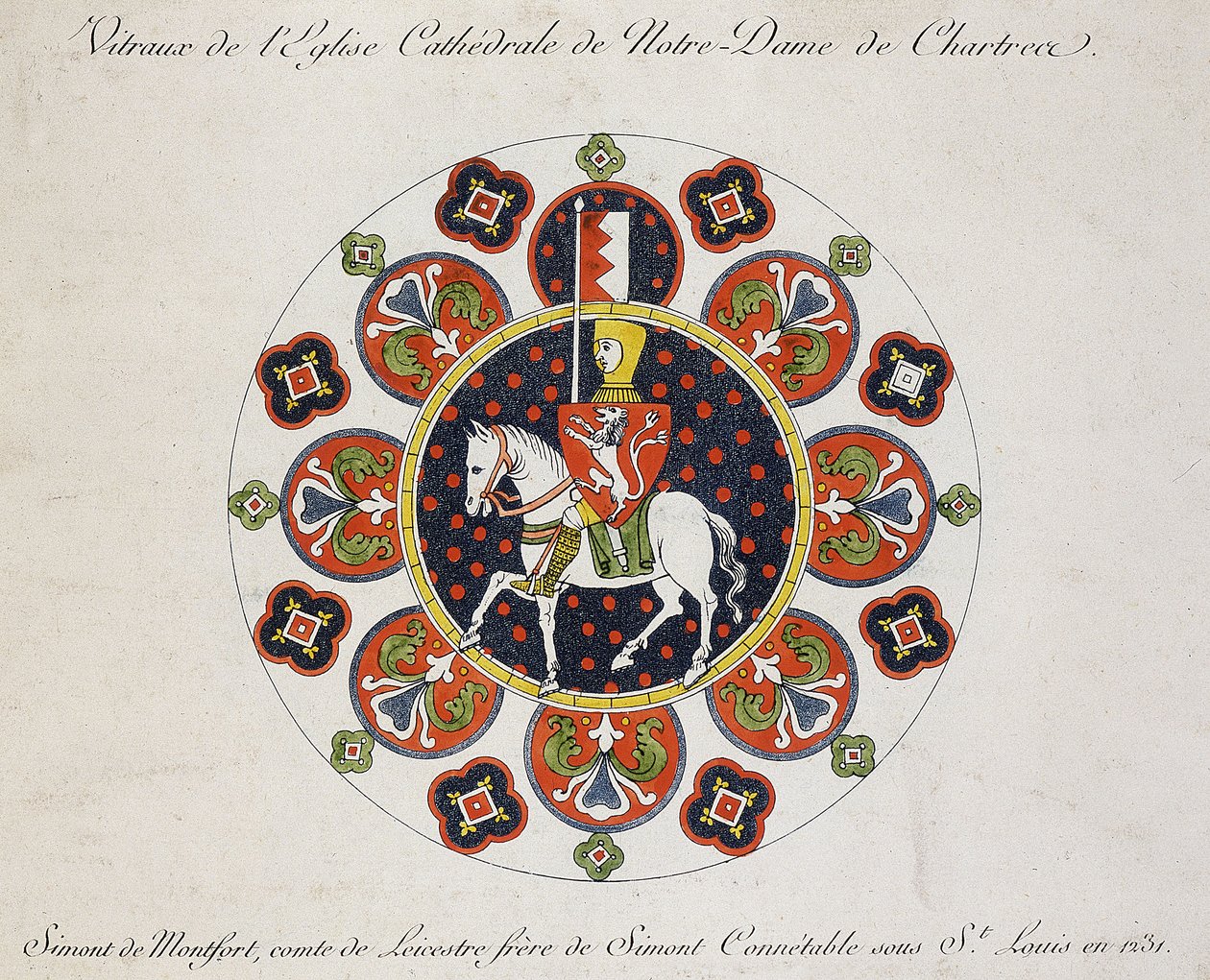 Desenho da janela da rosa em Chartres: Simon de Montfort (cor litho) de School French