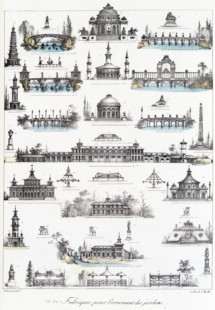 Fachada de diferentes edifícios dedicados ao fabrico de ornamentos de jardim. de School French