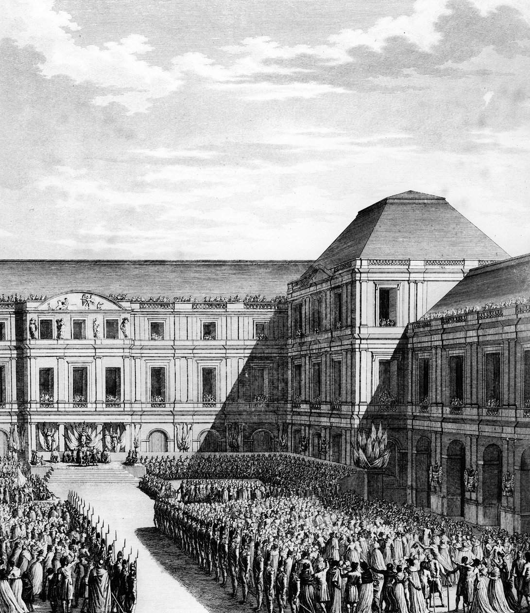 Fete dada por Napoleão I Bonaparte (1769-1821) no Palais national du Directoire (Palais du Luxembourg) em Paris, após o comércio de Campo Formio em 20 frmaire An VI (10 de Dezembro de 1797). Paris, Biblioteca do Instituto de História da Revolução de School French