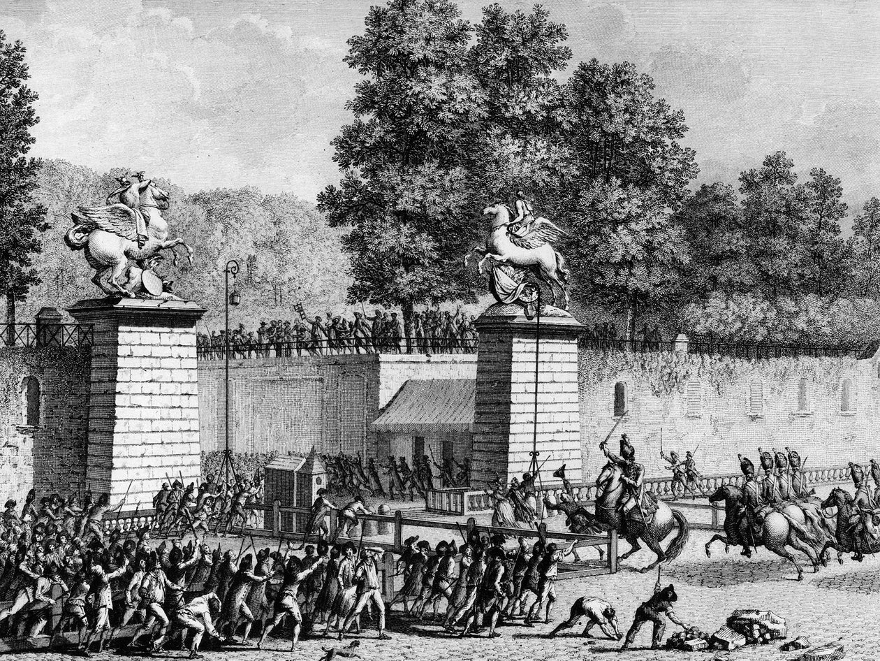 O primeiro da Revolução Francesa: Monsieur Charles Eugene de Lorraine, Príncipe de Lambesc (1754-1825) a entrar nas Tuileries com um destacamento da Alemanha Real a 12 de Julho de 1789 para reprimir os primeiros revolucionários. Paris, Biblioteca do Instit de School French