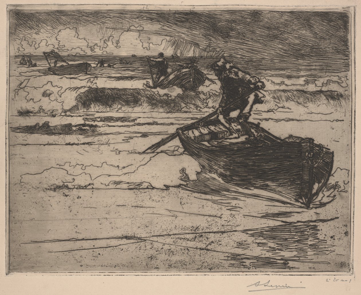 Pescadores fugindo da tempestade (água-forte) de School French