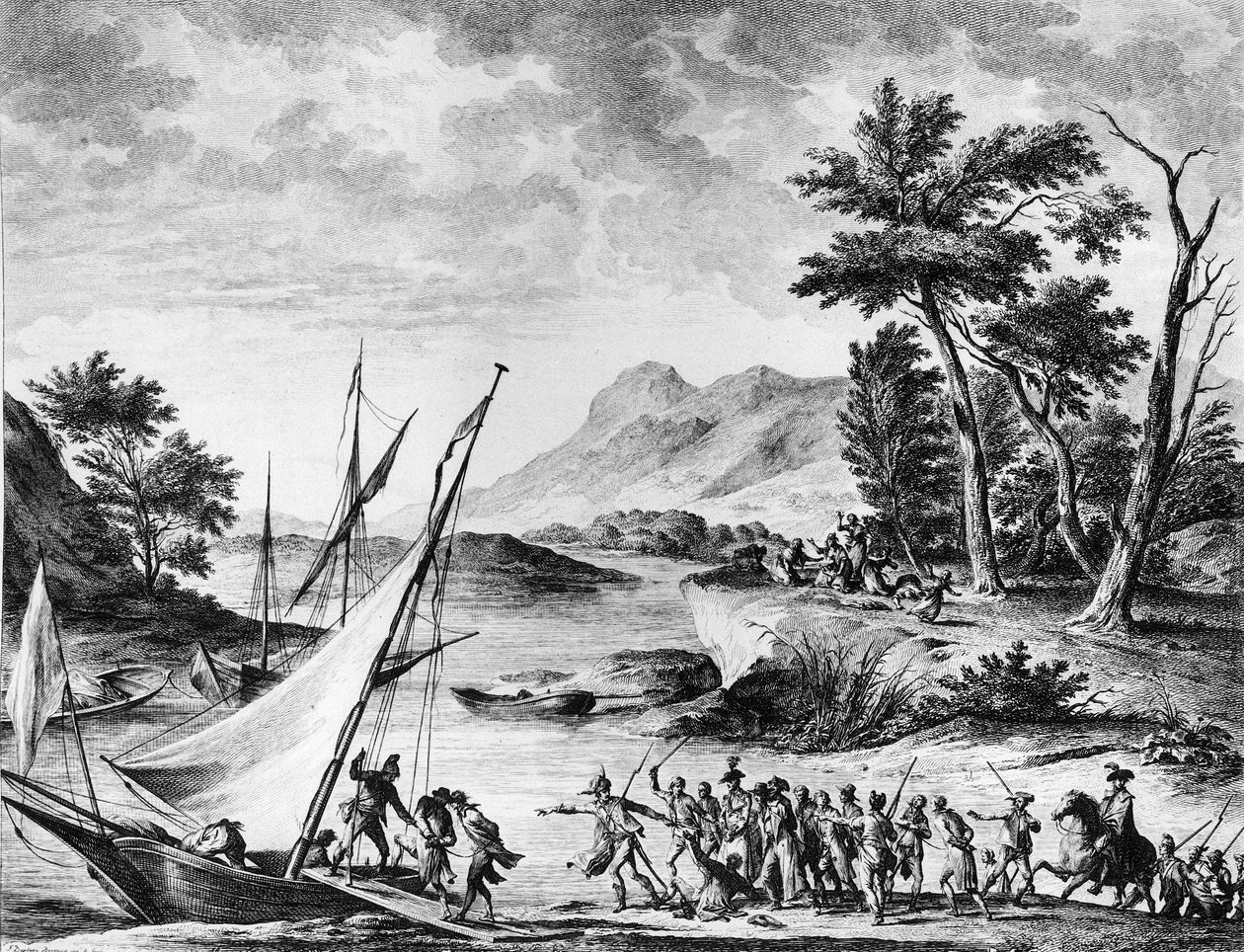 Revolução Francesa: Prisão dos embaixadores franceses Charles Louis Huguet de Semonville (1759-1839) e Hugues Bernard Maret (1763-1839) em Novate, a 25 de Julho de 1793. Gravura e desenho por Duplessi - Bertaux. Paris, Biblioteca do Instituto de História d de School French