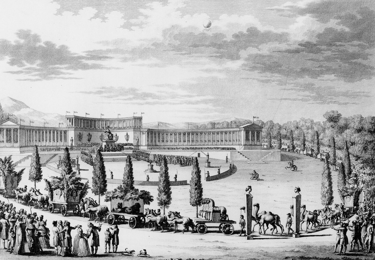 Revolução Francesa: Fete dada por ocasião da entrada triunfante dos monumentos das ciências e das artes na França nos dias 9 e 10 do Termidor An VI (28 de julho de 1798) sob as ordens do Cônsul Napoleão Bonaparte (1769-1821) (campanha de saque). Paris, de School French