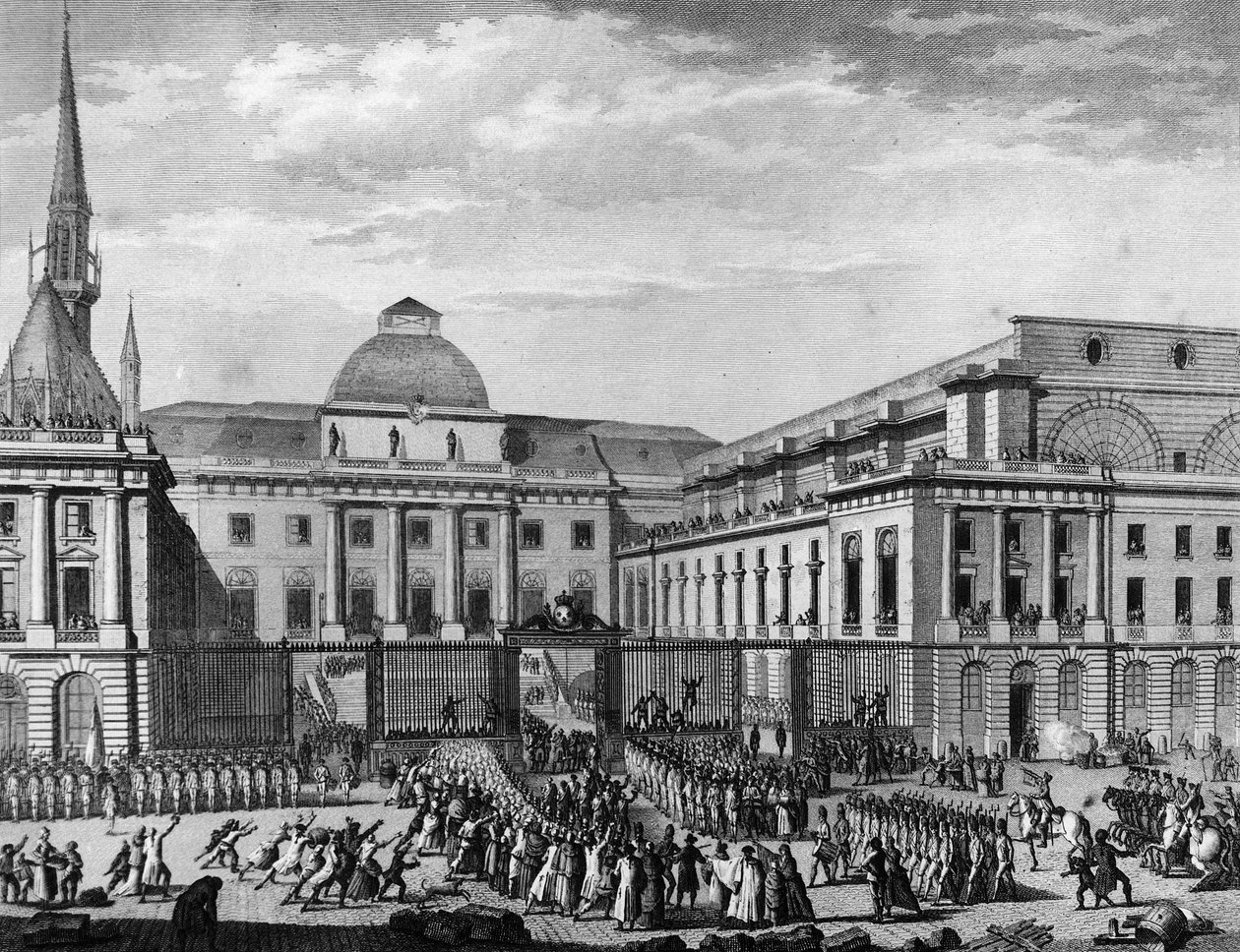 Revolução Francesa: Câmara Municipal de Paris, Parlamento em Novembro de 1790 na ilha da cidade presidida por Jean Baptiste Gaspard Bochart de Saron (1730-1794). Paris, Biblioteca do Instituto de História da Revolução de School French