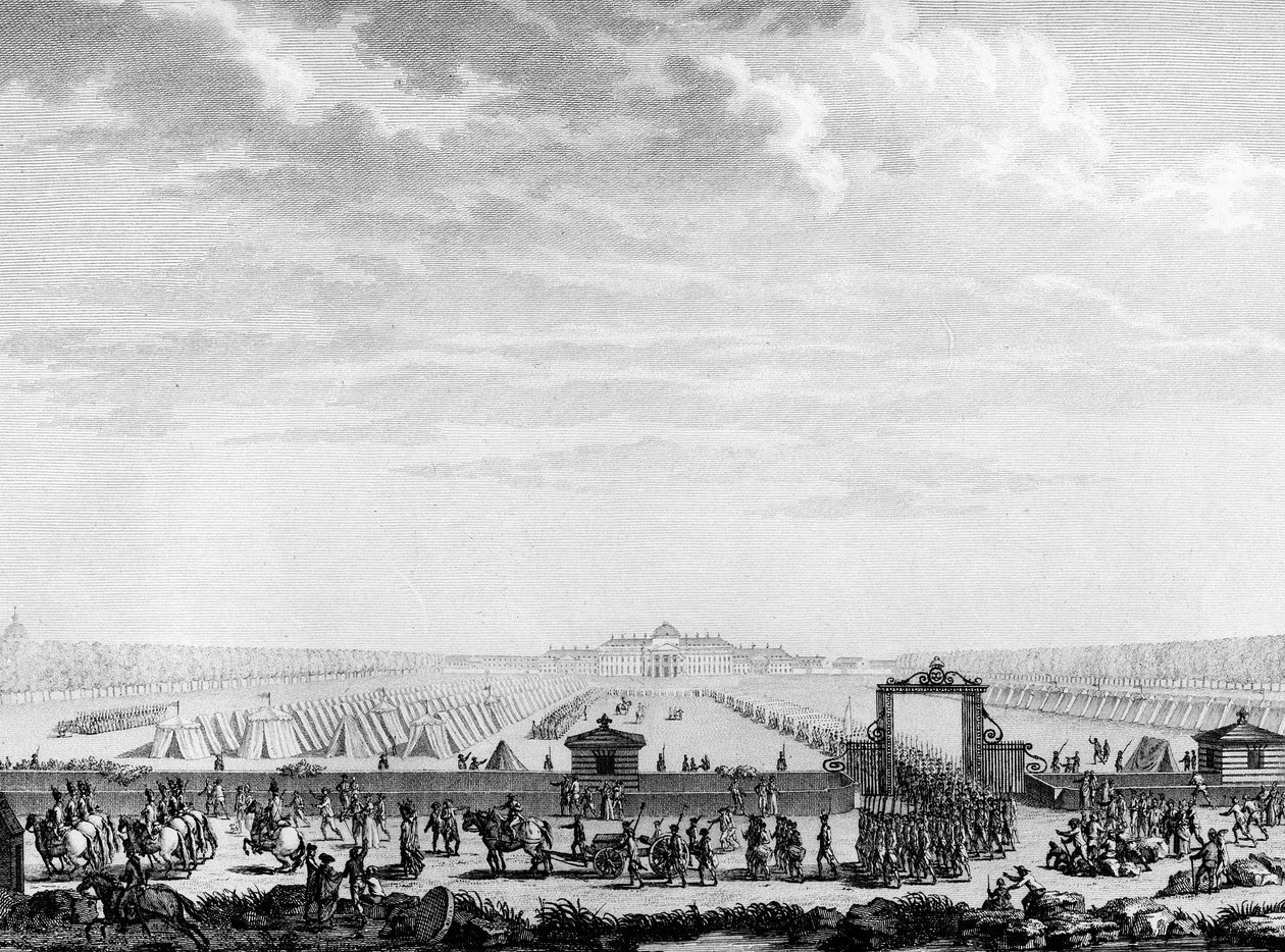 Revolução Francesa: as tropas militares do campo de março partem para a Praça Luís XV em 12 de julho de 1789 Paris, Biblioteca do Instituto de História da Revolução de School French