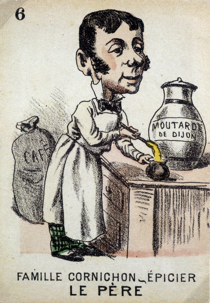 Jogo das Sete Famílias: O Pai da Família Cornichon-merceeiro preparando mostarda Dijon. Musée de la Carte à Jouier, Issy-les-Moulineaux. de School French