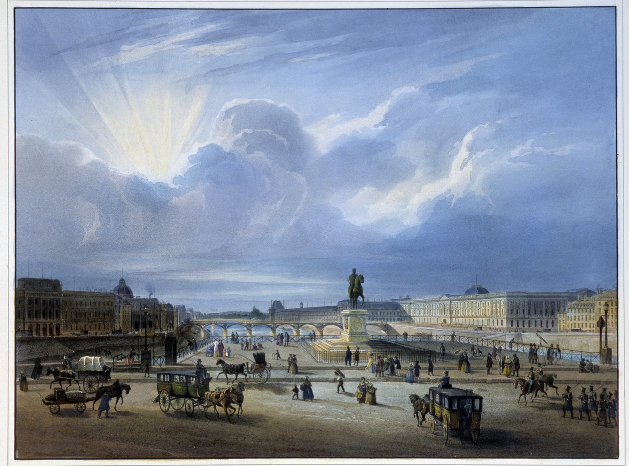 Vista geral do Louvre com a estátua de Henrique IV de School French
