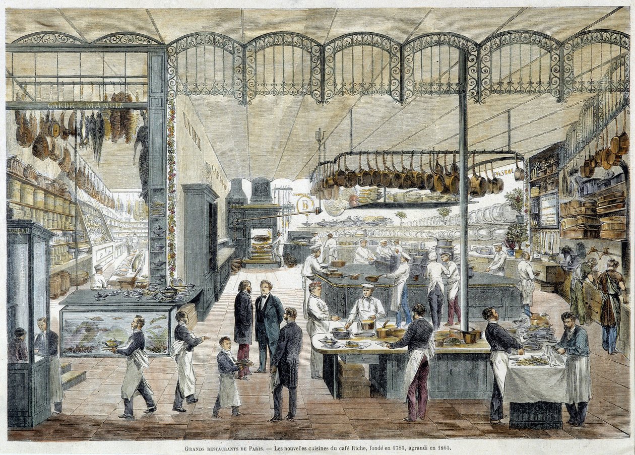 Grandes restaurantes em Paris: as novas cozinhas do Café Riche, fundado em 1785, ampliado em 1865. de School French