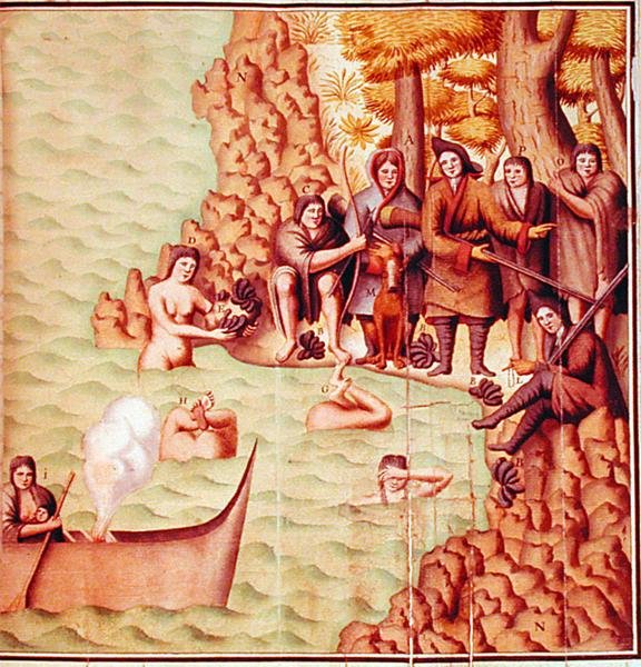 Índios do Estreito de Magalhães com exploradores franceses, ilustração da 