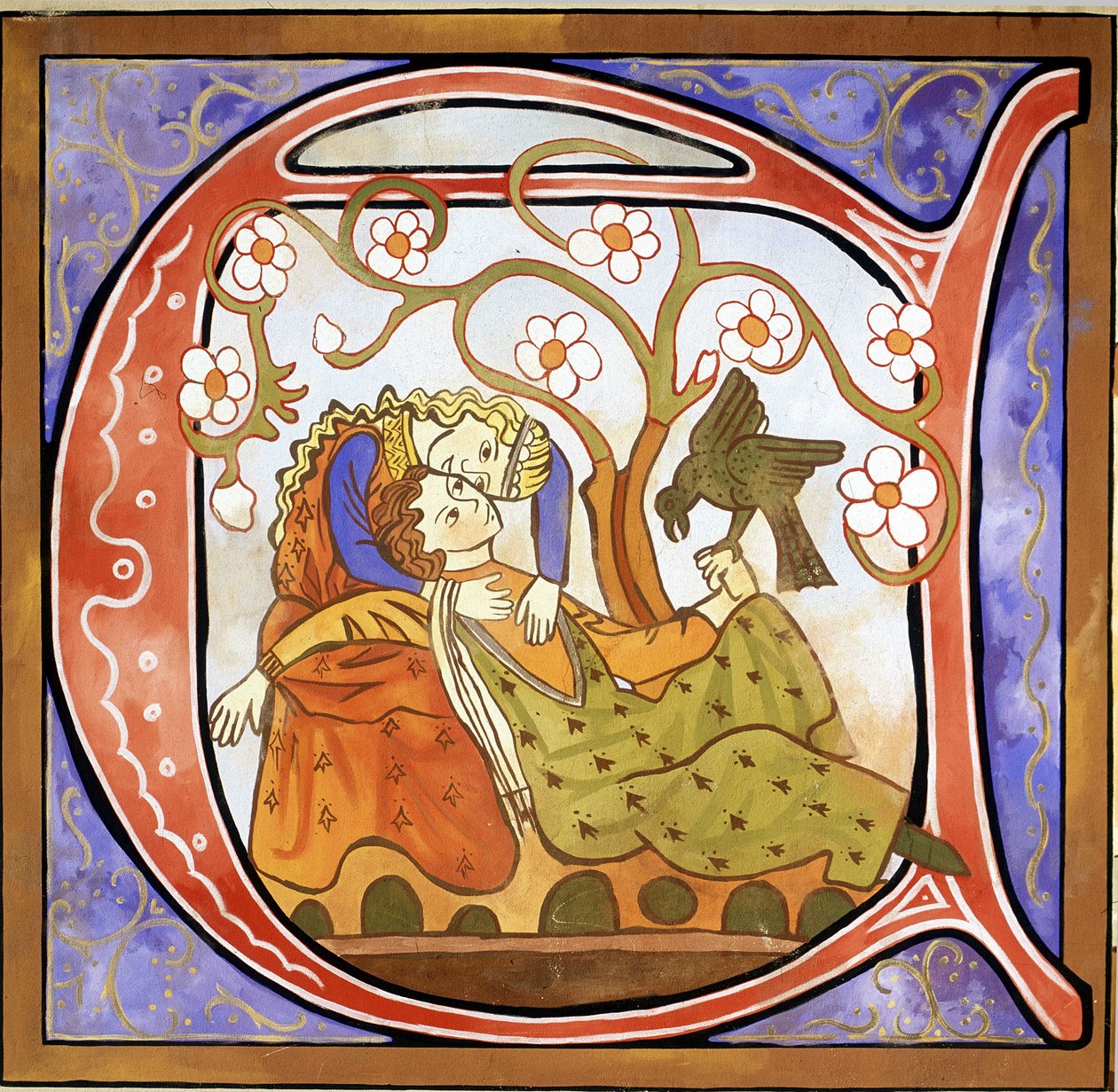 Habitado A inicial representando um Troubadour (cor litho) de School French