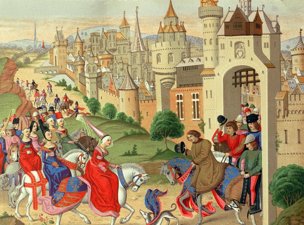 Isabella, Rainha da Inglaterra, é recebida às portas de Paris por seu irmão, o Rei Carlos IV da França, do manuscrito 