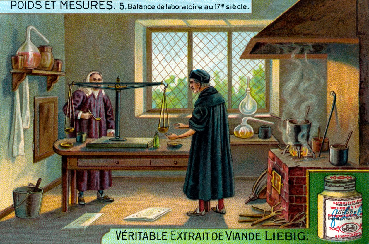 Balanças de laboratório no século XVII, Cartão Liebig (impressão) de School French