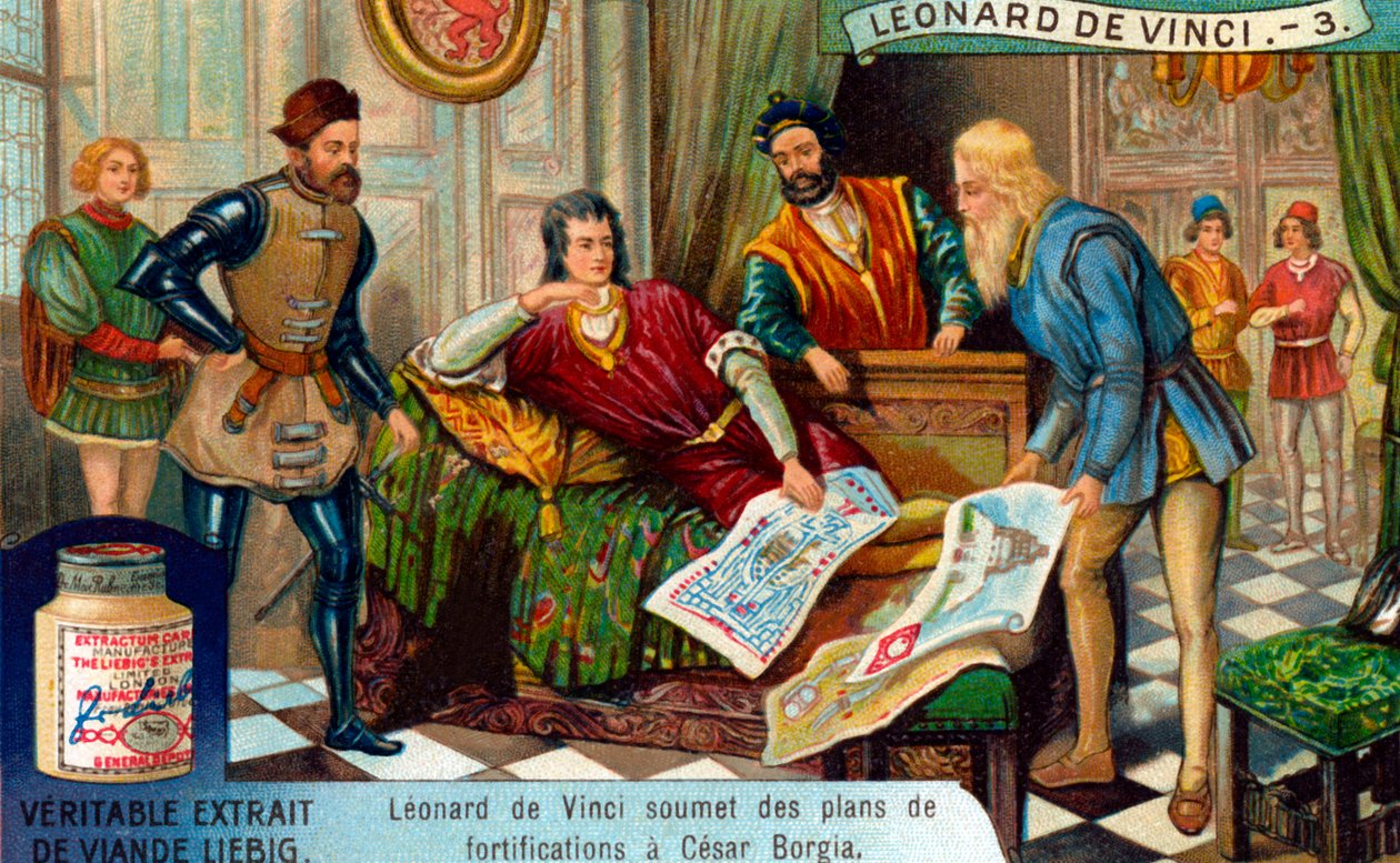 Engenheiro militar, A vida de Leonardo da Vinci, Cartão Liebig (impressão) de School French