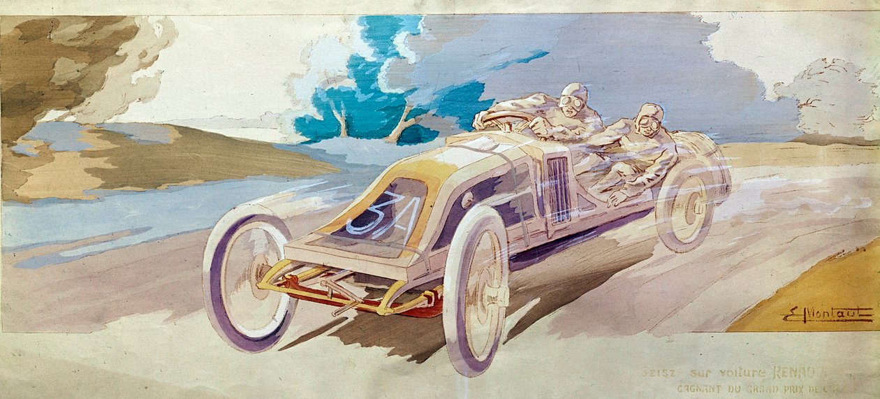 Automobilismo: um carro de corrida "Beisz sur une voiture Renault" Litografia de E. Montre, Conservatoire national des arts et metiers, Paris de School French