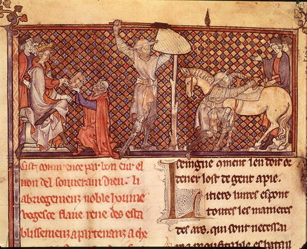 Sra. 332 fol.1 Jean de Meung (1240-1305) oferecendo seu livro ao Conde de Eu e a Partida de um Cavaleiro, de 