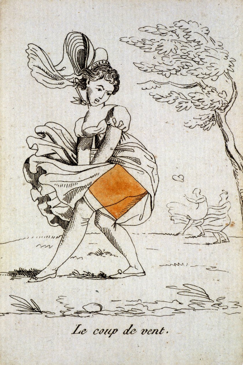 Velha carta para jogar: o ás de diamantes - "A rajada de vento" levantando a saia de uma mulher. Musée de la Carte à Joucher, "Issy-les-Moulineaux". de School French