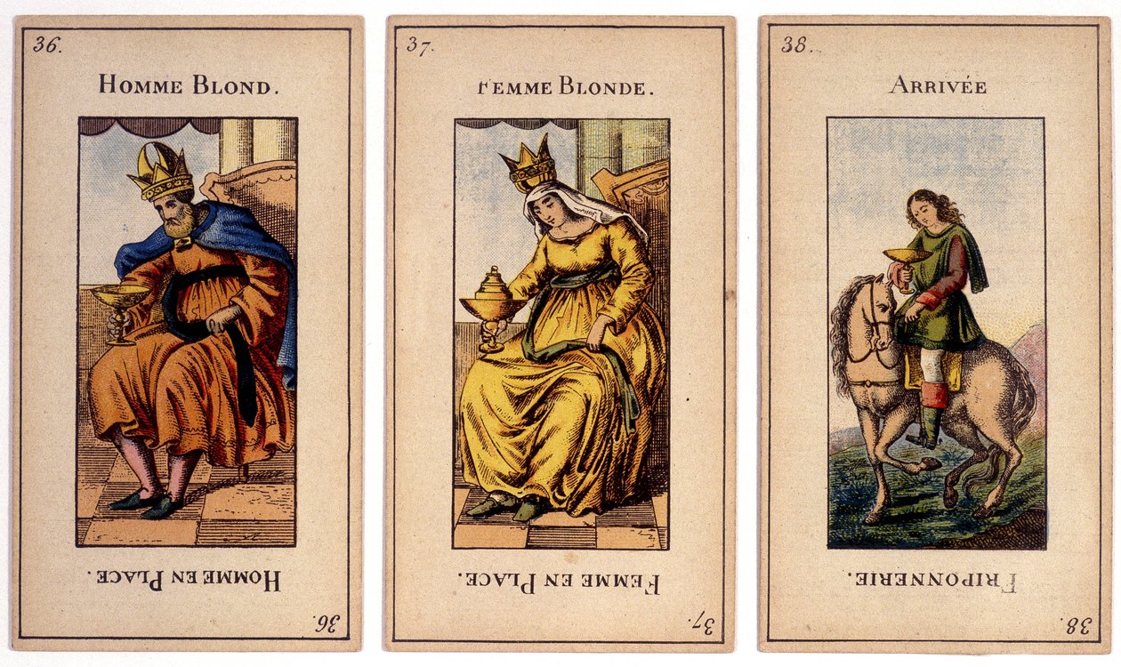 Cartas antigas representando o rei "homem louro", a rainha "mulher loira" e a chegada "friponnerie". Musée de la Carte à Joulier, Issy-les-Moulineaux. de School French