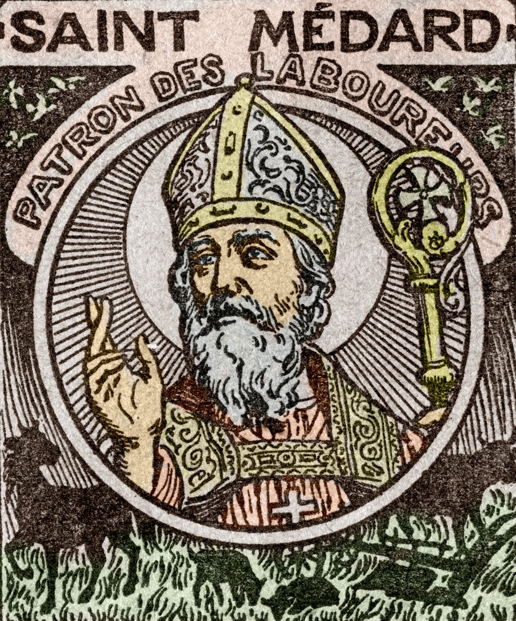 Retrato de São Medardo, Medardus, bispo de Noyon, do "Almanach du Pelerin de School French