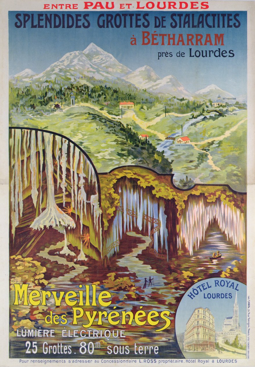 Cartaz publicitário das Grutas de Betharram, Maravilhas dos Pirinéus, entre Pau e Lourdes, c.1900 (cor litho) de School French